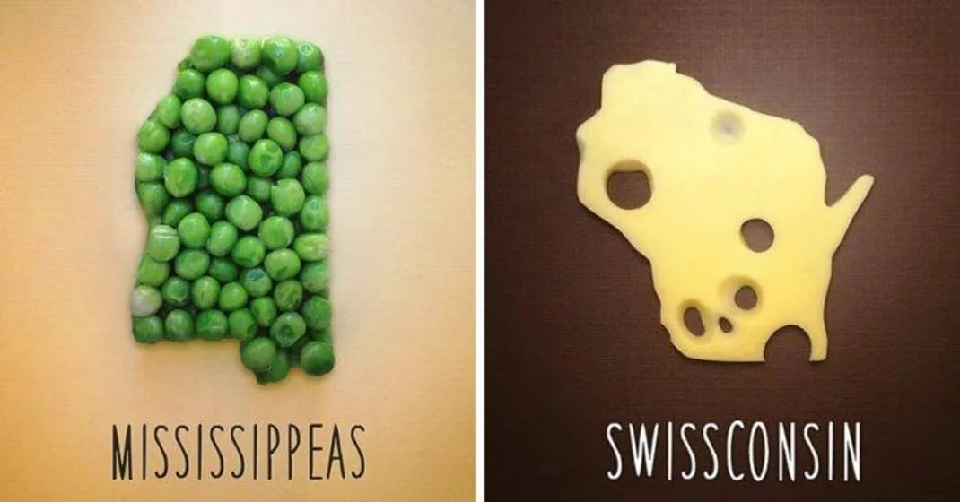 The image displays two side-by-side photos: one shows green peas arranged in the shape of the state of Mississippi, labeled…