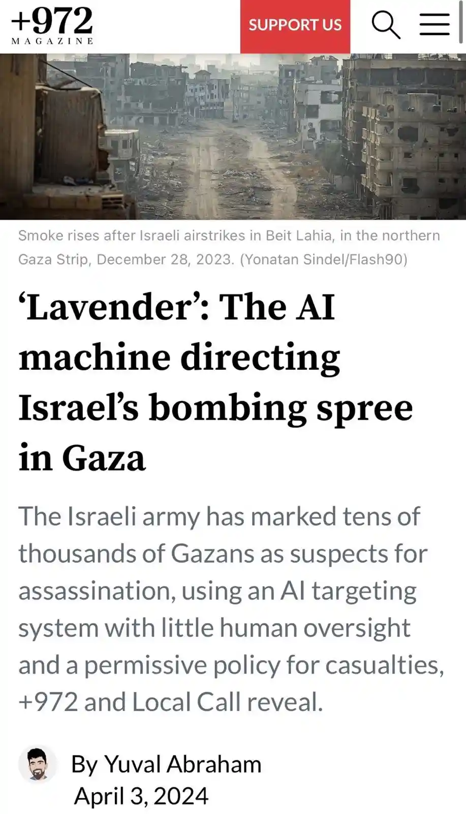 A screenshot of a +972 Magazine article shows a photo of a destroyed urban street with rubble and damaged buildings. The…