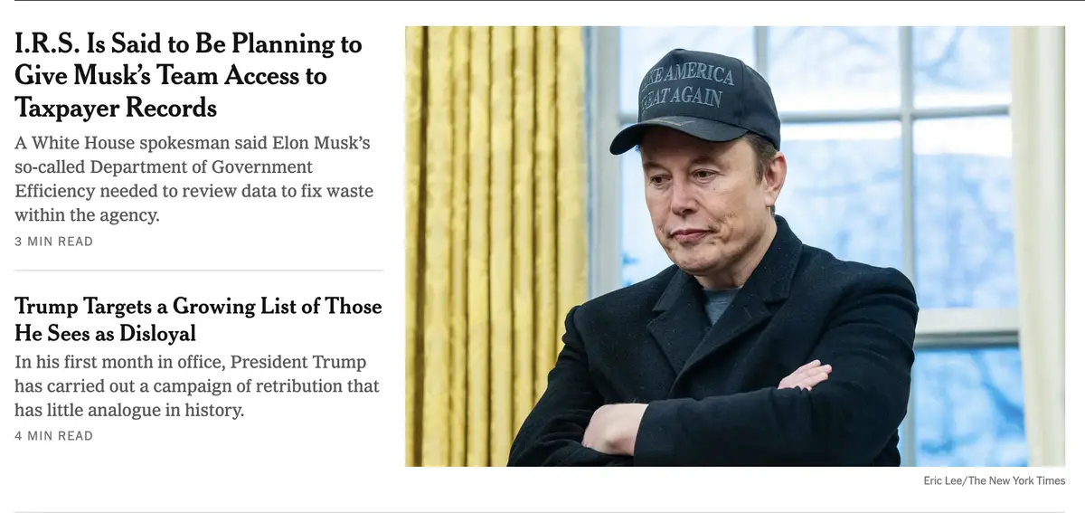 A photo of Elon Musk wearing a 'Make America Great Again' cap with arms crossed, set against a backdrop of gold curtains and…
