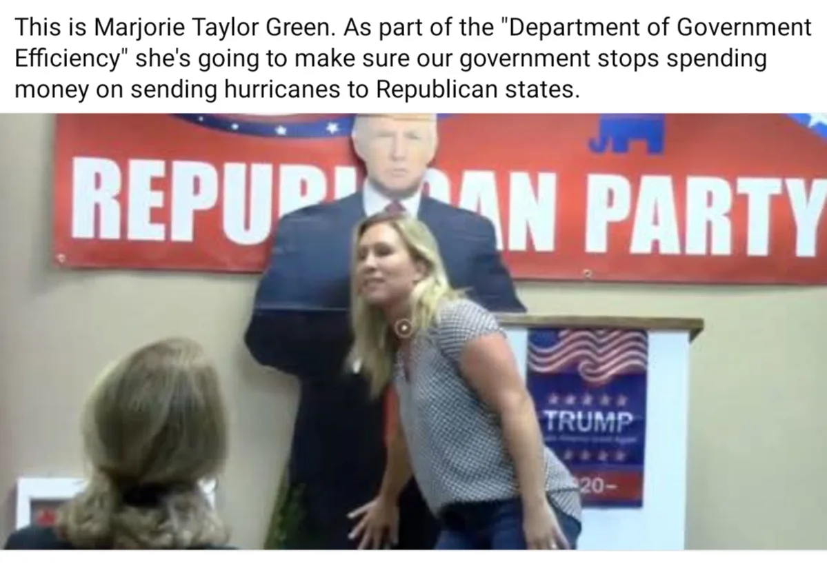 A woman with blonde hair, wearing a checkered shirt, stands in front of a large cardboard cutout of Donald Trump. Behind her…