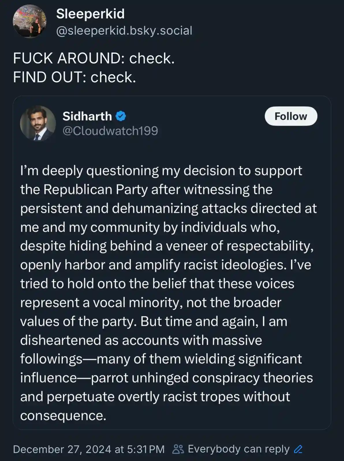 A screenshot of a social media post by Sidharth (@Cloudwatch199) expressing disillusionment with the Republican Party due to…
