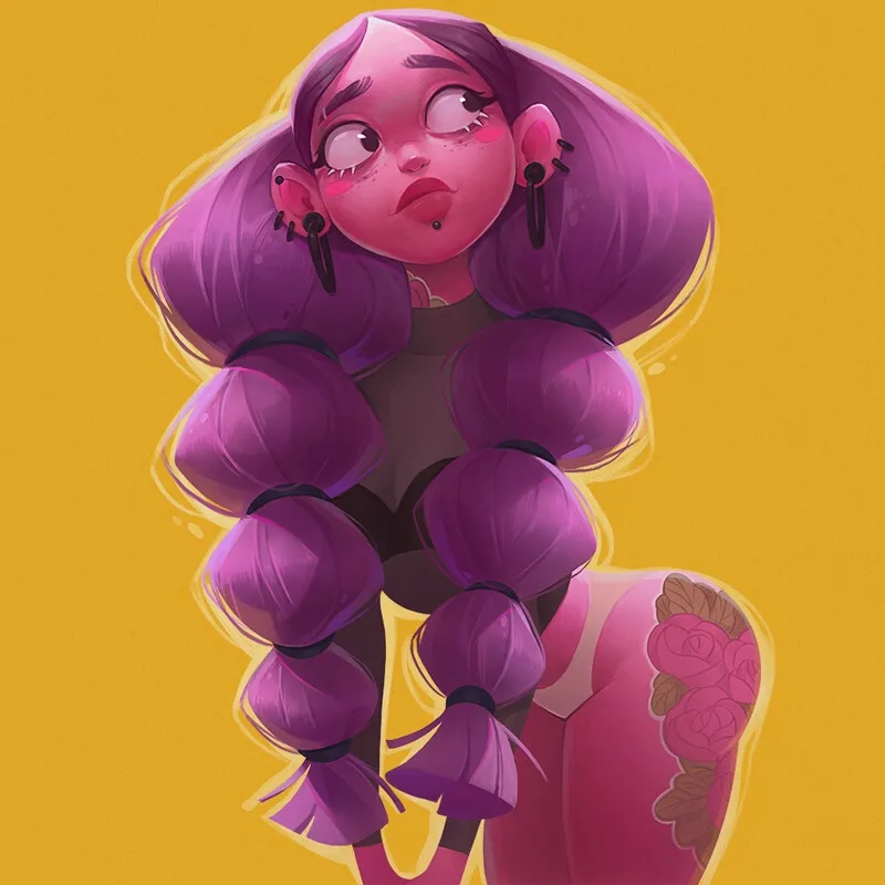 A stylized digital illustration of a young woman with voluminous purple pigtails and pink skin, looking upward with tired…