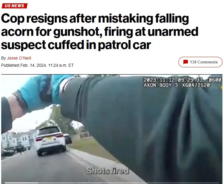 A screenshot of a news article headline about a police officer resigning after mistaking a falling acorn for a gunshot and…