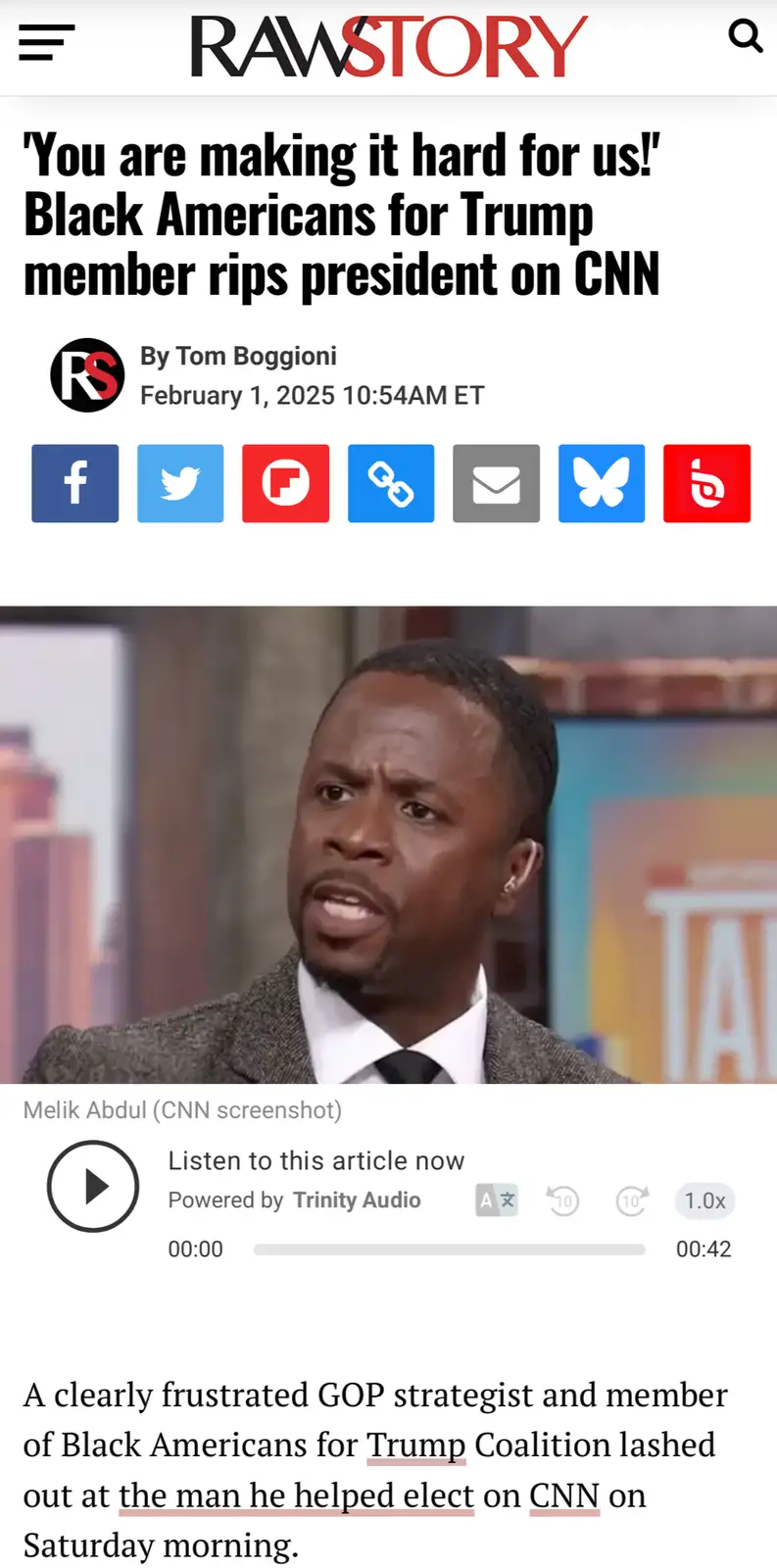 A screenshot of a RawStory news article dated February 1, 2025, featuring a photo of Melik Abdul, a Black American for Trump…