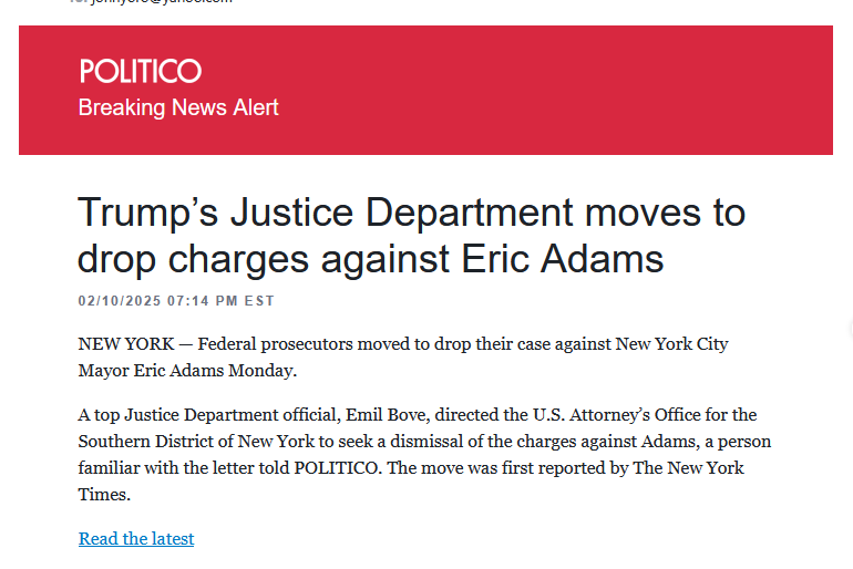 A screenshot of a POLITICO news article with a red header reading 'Breaking News Alert'. The headline states 'Trump's…