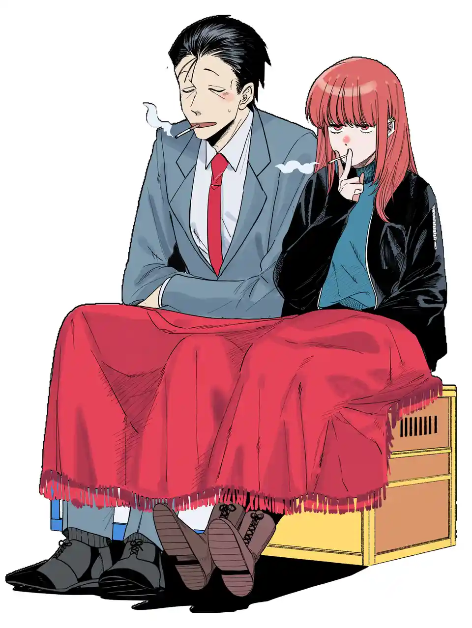 Two anime characters, a man in a suit and a woman with red hair, sit side by side on a red blanket over a crate, both…