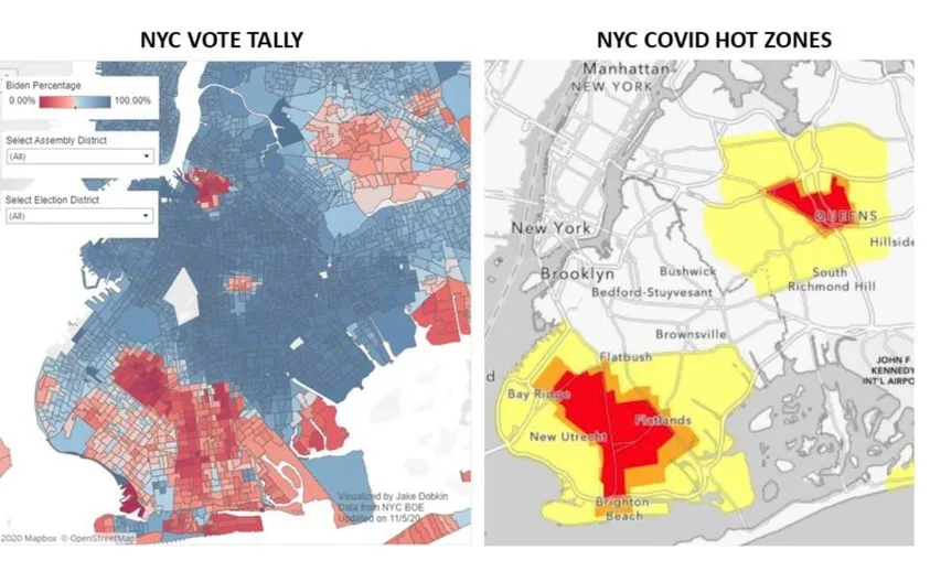 Two side-by-side maps of New York City: the left shows a 2020 election map with red and blue areas indicating Biden vote…