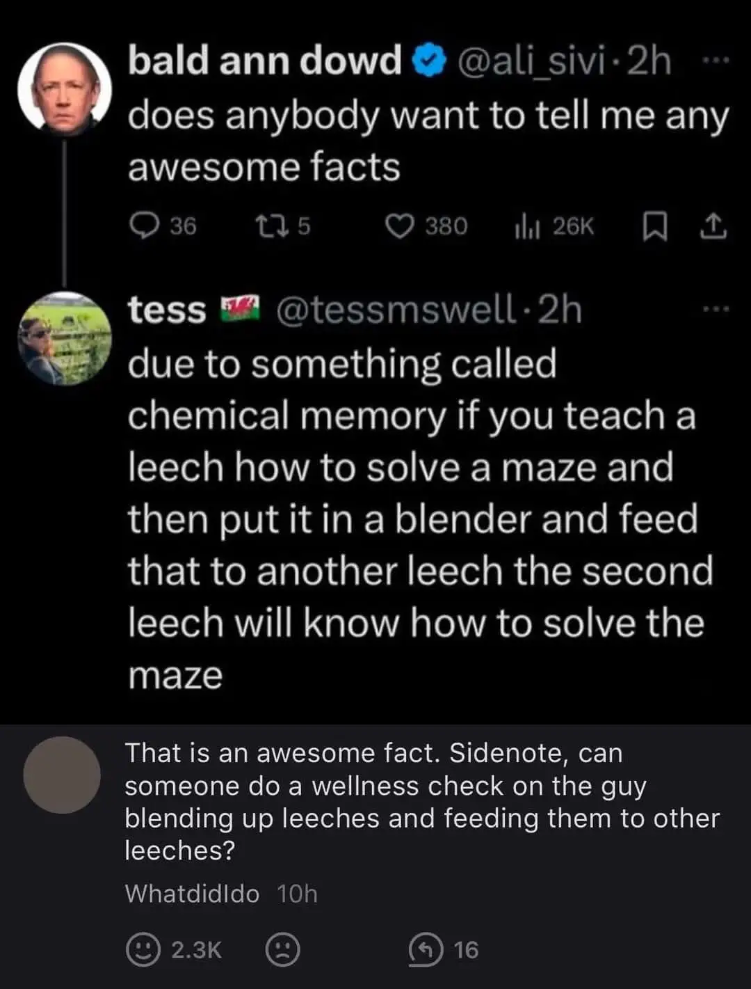 A screenshot of a Twitter thread shows a user asking for awesome facts. Another user replies with a bizarre…