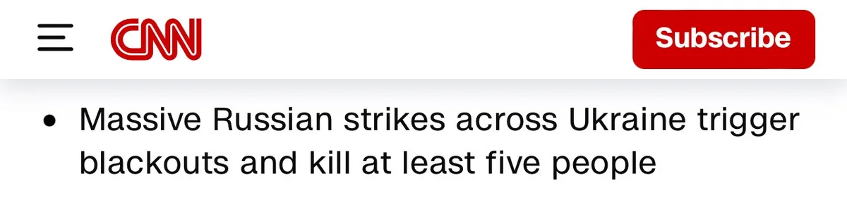 A screenshot of a CNN news article header showing a bullet point headline about Russian strikes in Ukraine causing blackouts…
