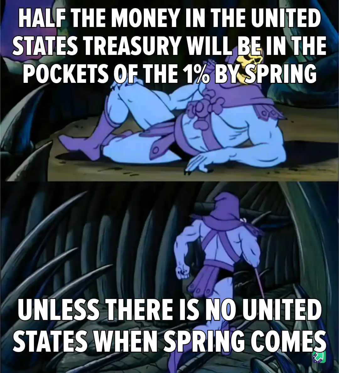 The meme features two panels from the animated series 'He-Man and the Masters of the Universe'. In the top panel, Skeletor…