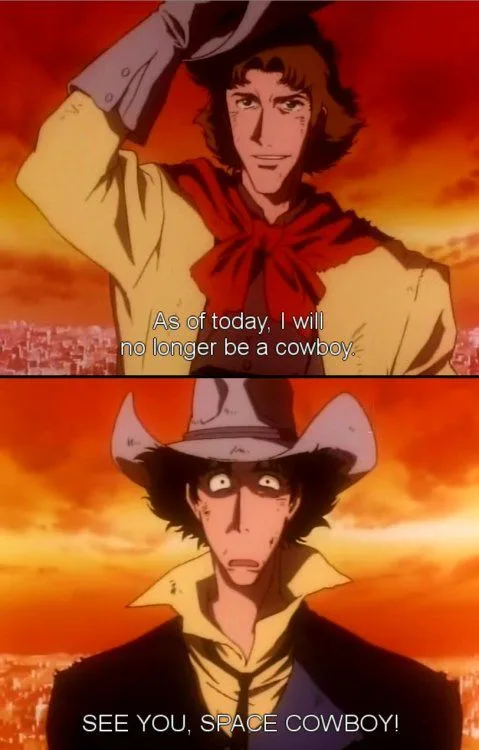 The meme features two panels from the anime Cowboy Bebop. In the top panel, Spike Spiegel, wearing a yellow shirt and red…