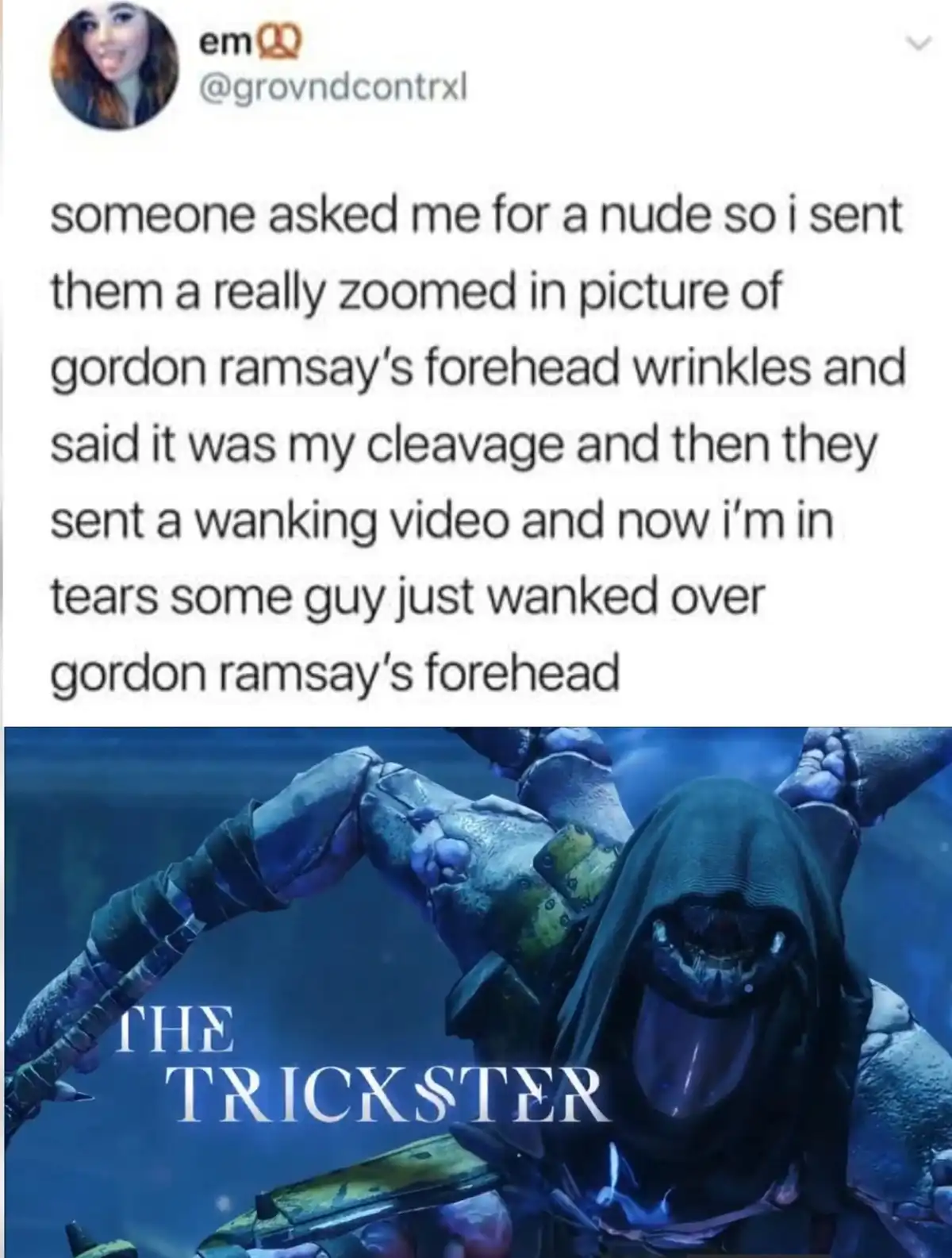 The image shows a screenshot of a tweet from user @grovndcontrxl, which reads: 'someone asked me for a nude so i sent them a…