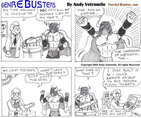 A four-panel comic strip titled 'GENRE BUSTERS' by Andy Vetromile shows a scientist and a muscular, horned superhero. The…