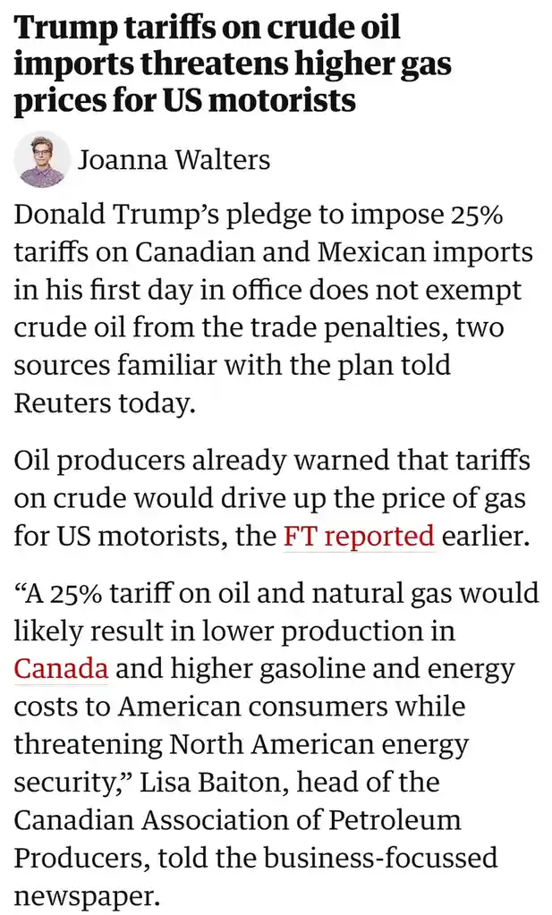 A screenshot of a news article by Joanna Walters discussing Donald Trump's proposed 25% tariffs on Canadian and Mexican…