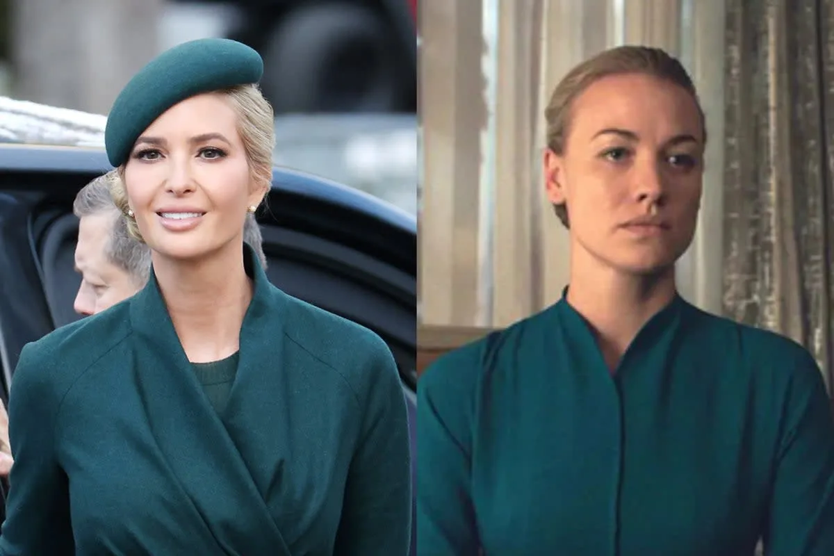 The image is a side-by-side comparison: on the left, a woman in a dark green outfit and matching beret smiles while standing…