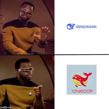 The image is a two-panel meme featuring actor George Takei as Captain Sulu from Star Trek. In the top panel, he wears…