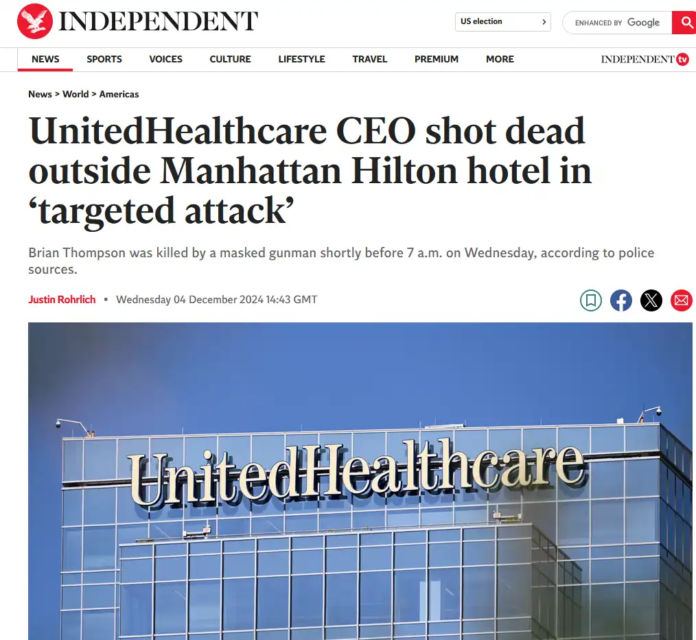 A screenshot of an Independent news article headline about the killing of UnitedHealthcare CEO Brian Thompson outside a…