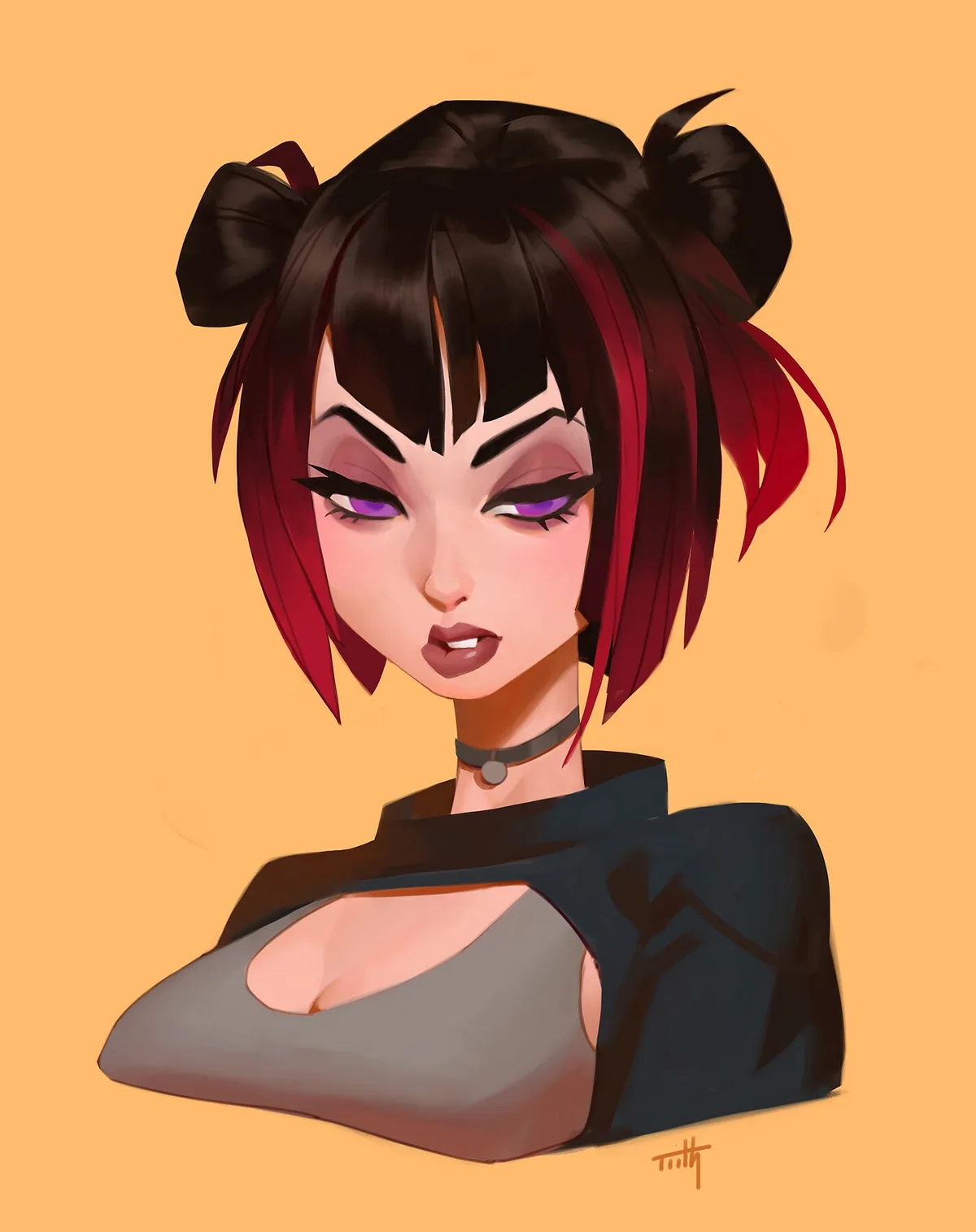 An anime-style illustration of a woman with short black and red hair in two buns, purple eyes, and a choker, looking smugly…