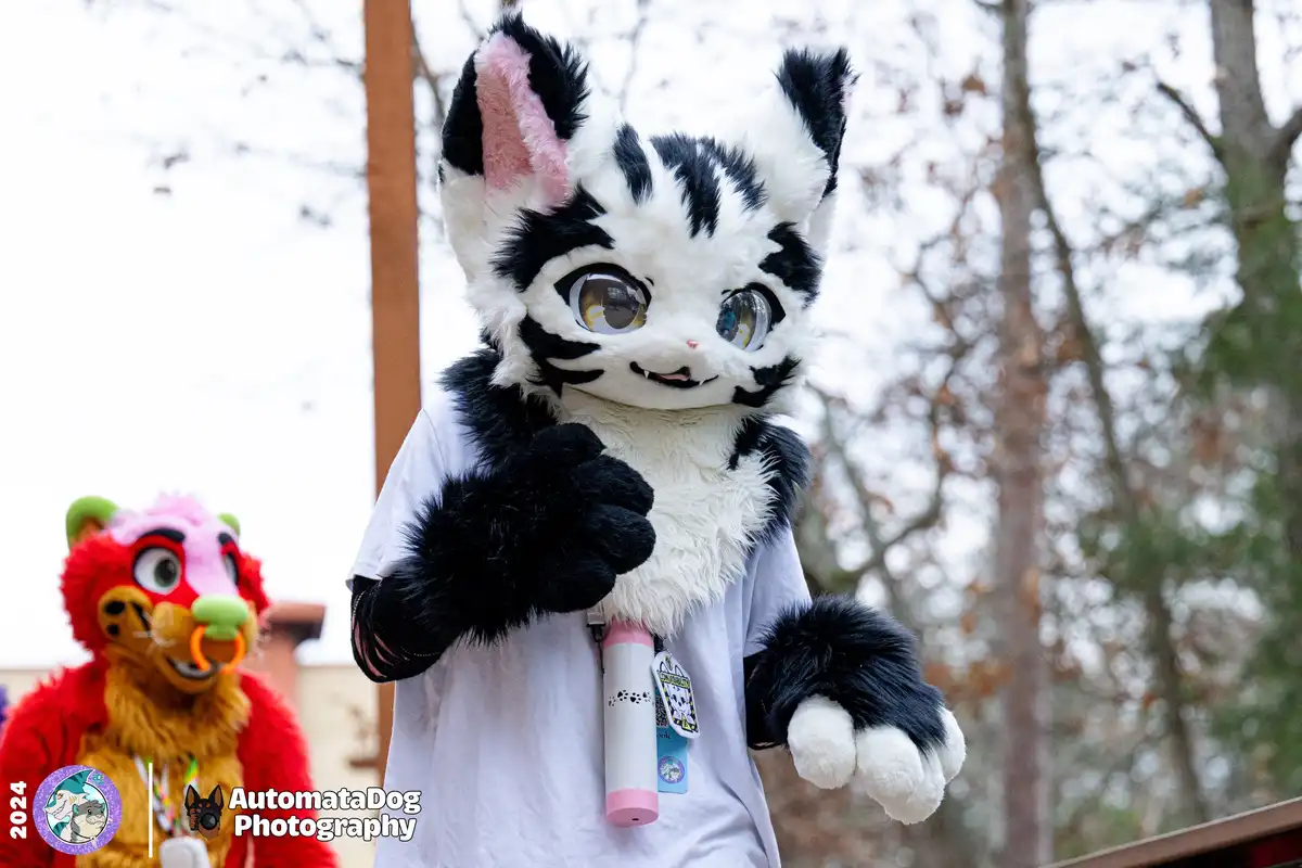 A person in a black-and-white striped fursuit resembling a cat stands in the foreground, wearing a white t-shirt and holding…