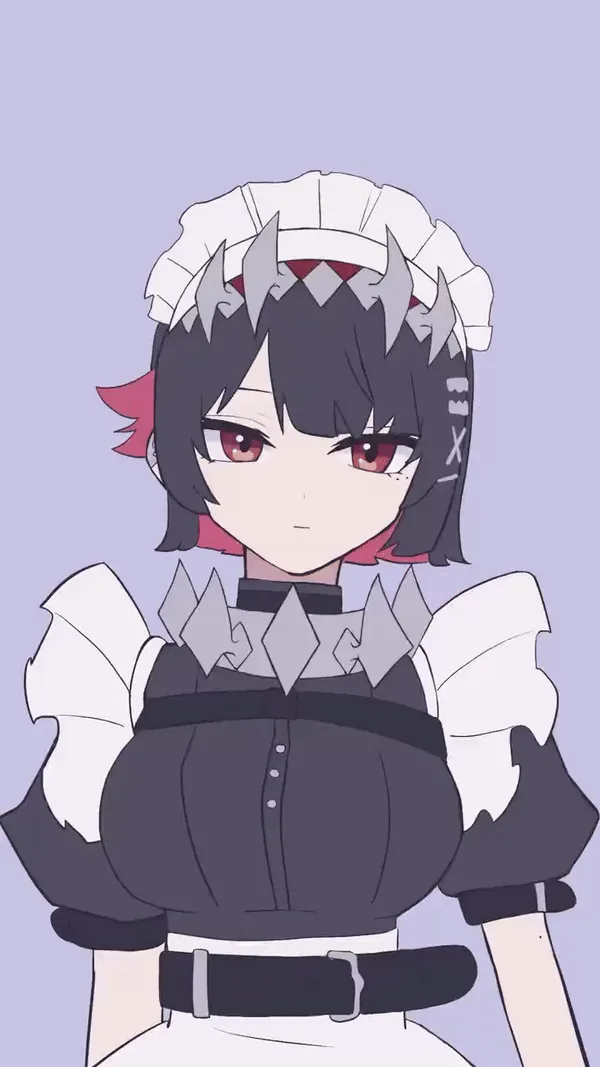 A six-panel anime-style image shows a maid character with black hair, red eyes, and a white frilly headpiece, wearing a dark…