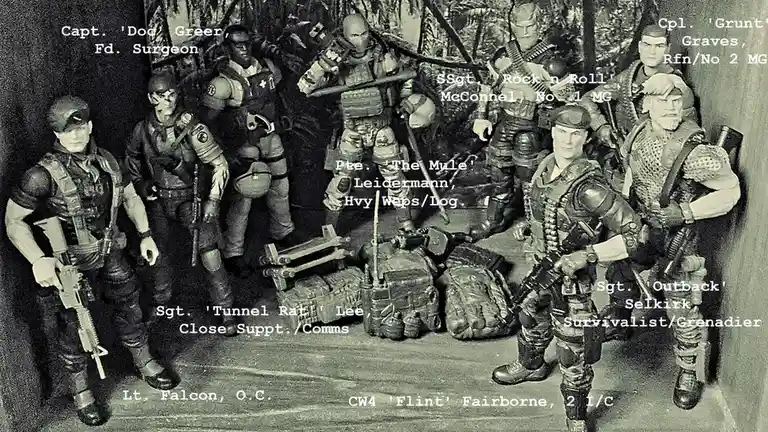 A black-and-white photo of eight action figures posed as a military squad, each labeled with a rank, nickname, name, and…