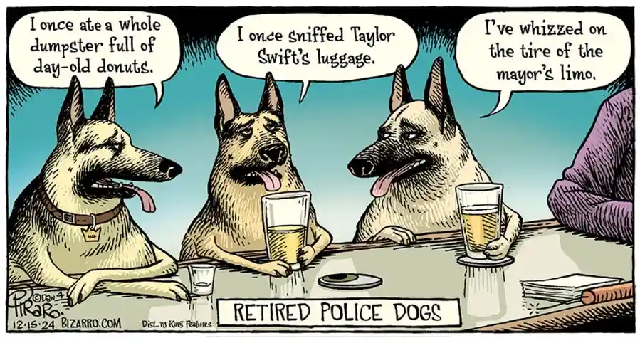 Three German Shepherd dogs sit at a bar with beer glasses, sharing boastful stories in speech bubbles: one ate dumpster…