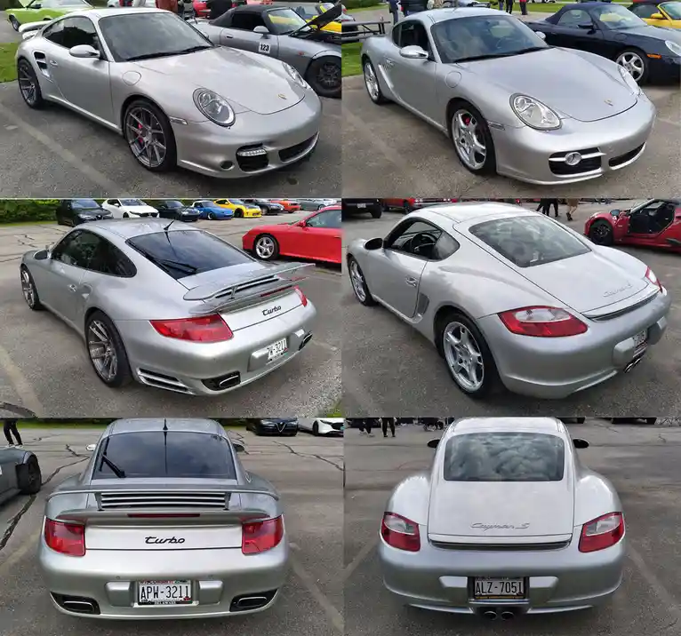 A six-panel collage shows two different silver Porsche sports cars side-by-side from various angles. The left column…