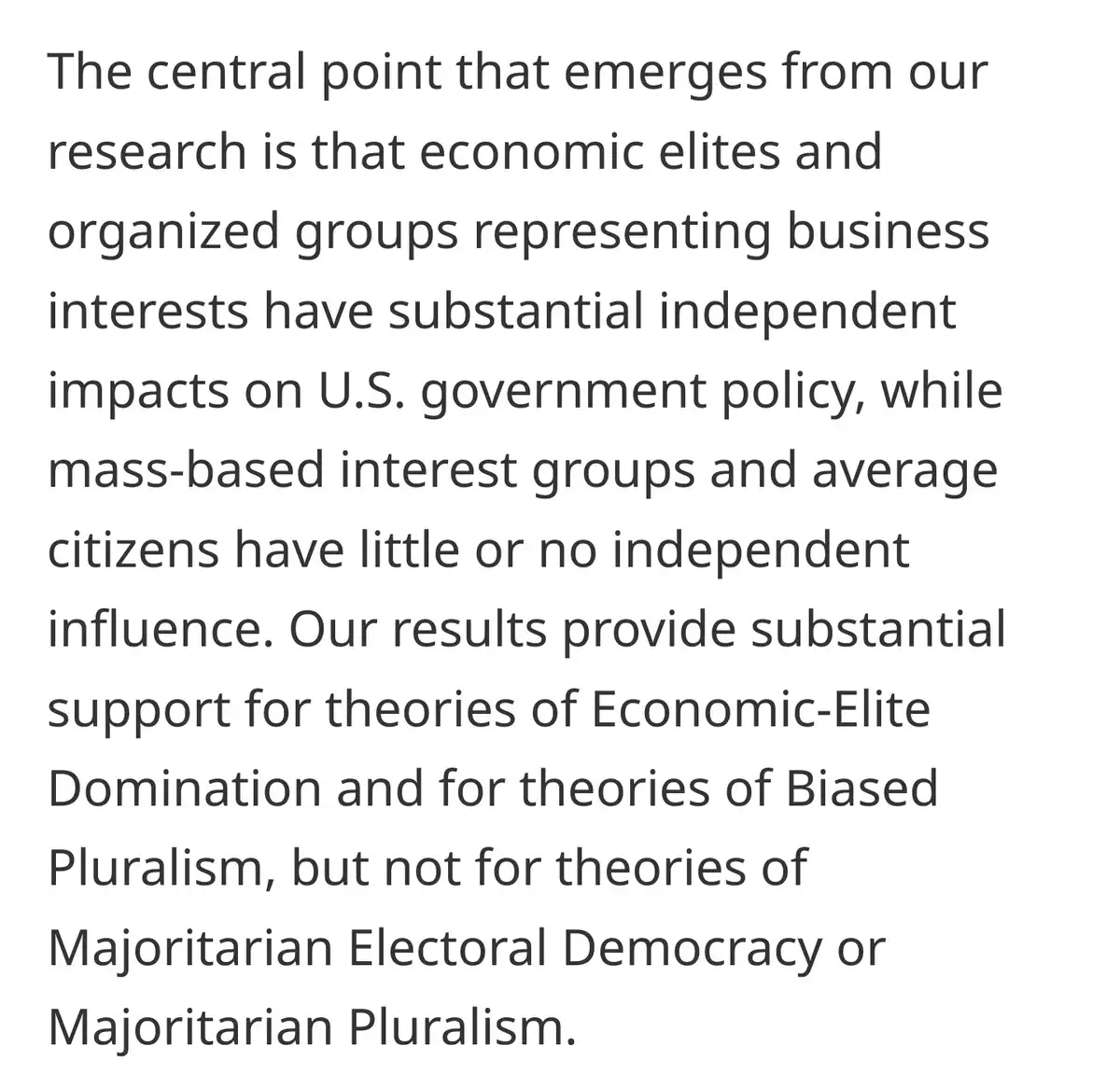 The image displays a block of black text on a plain white background, presenting a dense academic conclusion about political…