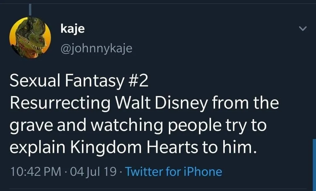A screenshot of a tweet from user 'kaje' (@johnnykaje) with a dinosaur profile picture. The tweet text reads 'Sexual Fantasy…