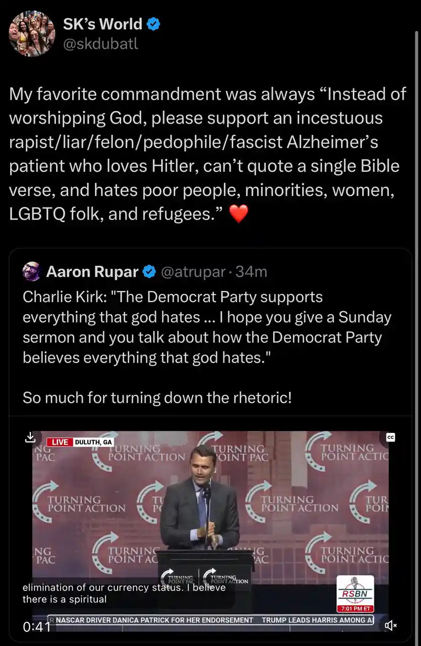 A screenshot of a Twitter thread where user 'SK's World' posts a sarcastic, exaggerated commandment parody, followed by a…