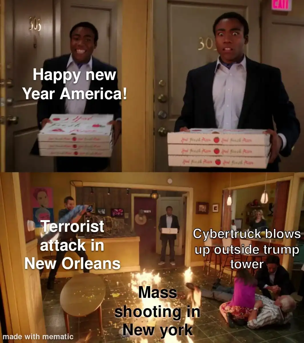 The meme features a split-screen image of actor Donald Glover in two contrasting states: first, smiling and holding pizza…