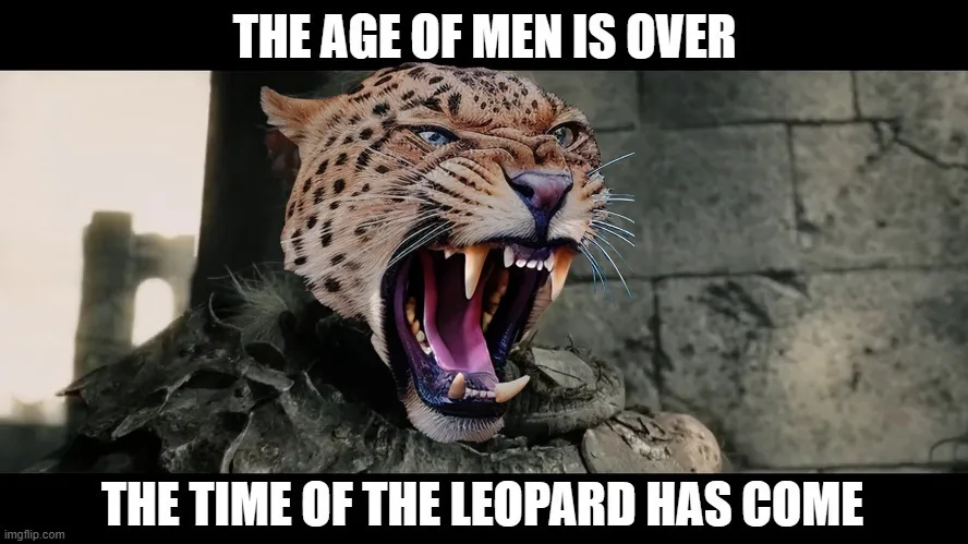 A digitally altered image shows a roaring leopard with a human-like armored torso and shoulders, set against a stone wall…