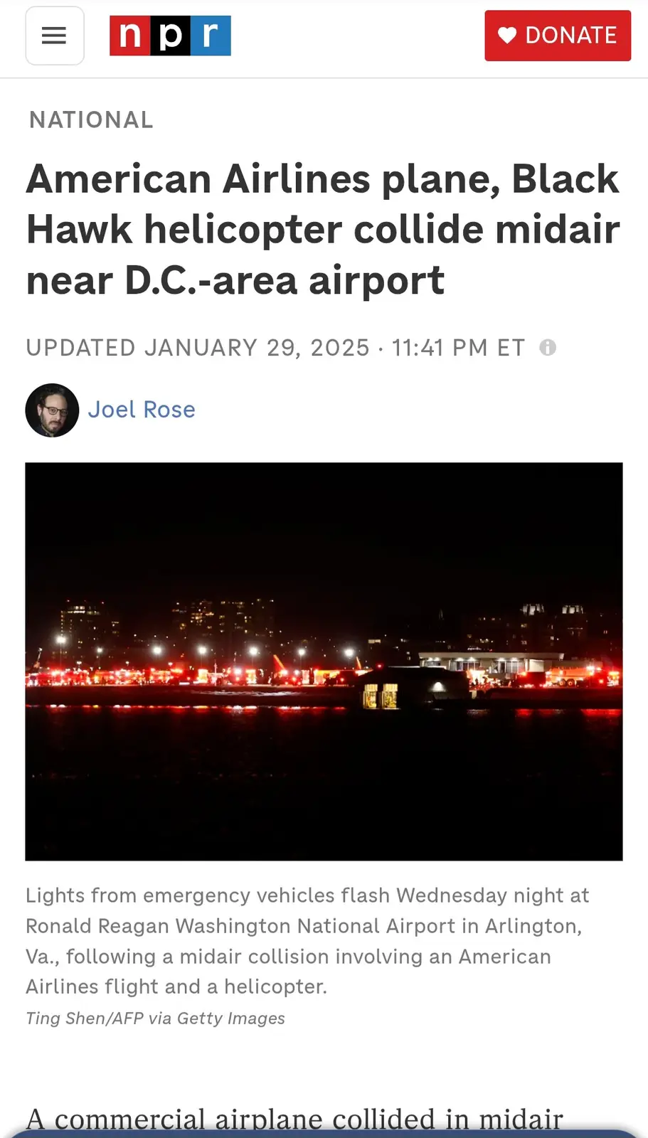 A screenshot of an NPR news article from January 29, 2025, shows a nighttime photo of Ronald Reagan Washington National…