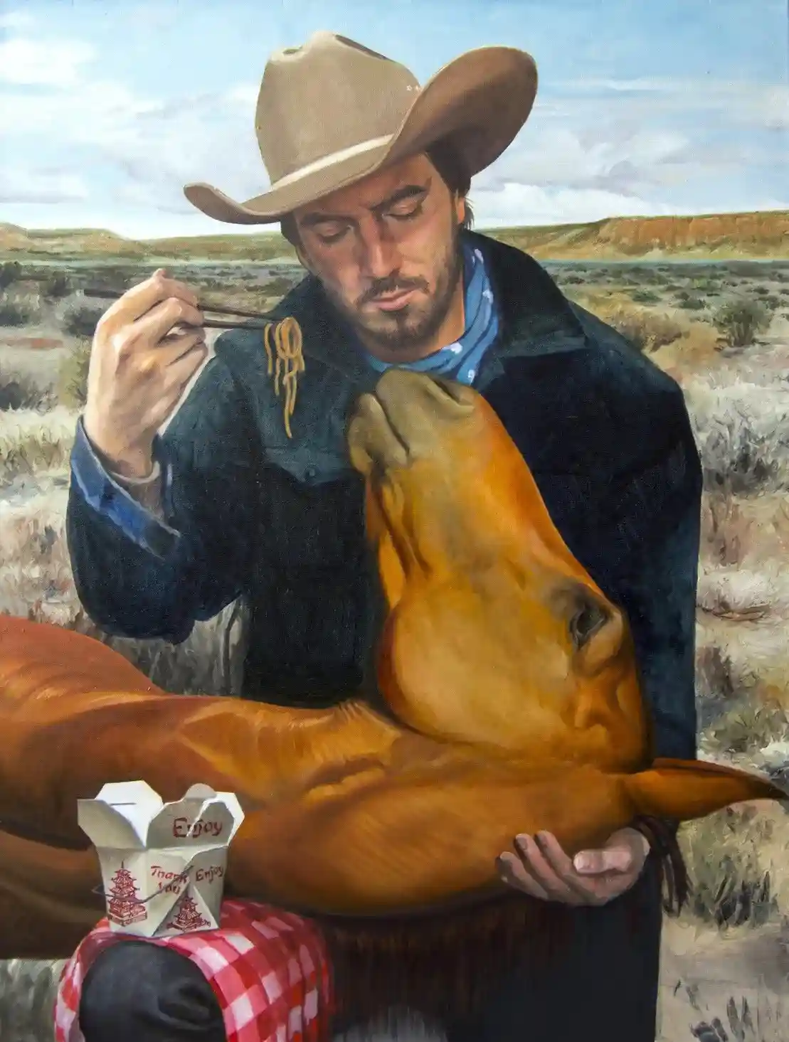A cowboy in a desert landscape holds a horse's head while using chopsticks to feed it noodles from a takeout box. The…
