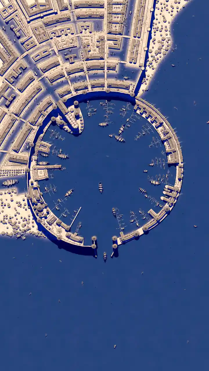 An aerial view of a large, perfectly circular harbor with docks, boats, and surrounding buildings, overlaid with the text…