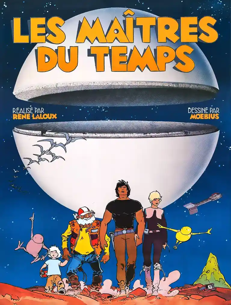A vintage French comic book cover for 'Les Maîtres du Temps' (The Masters of Time), featuring a large, split, egg-shaped…