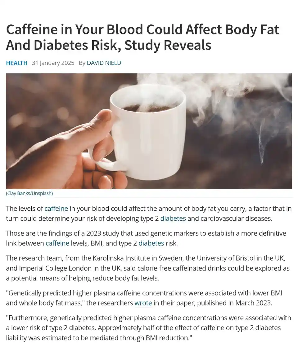 A screenshot of a news article titled 'Caffeine in Your Blood Could Affect Body Fat And Diabetes Risk, Study Reveals' by…