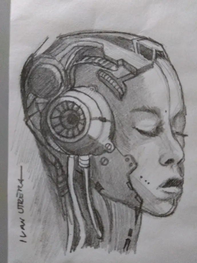 A pencil sketch of a human head in profile, with intricate mechanical and robotic components replacing the left side of the…