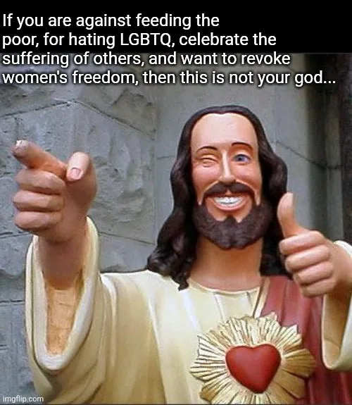 A statue of Jesus Christ with a cheerful, smiling expression, giving a thumbs-up with one hand and pointing forward with the…