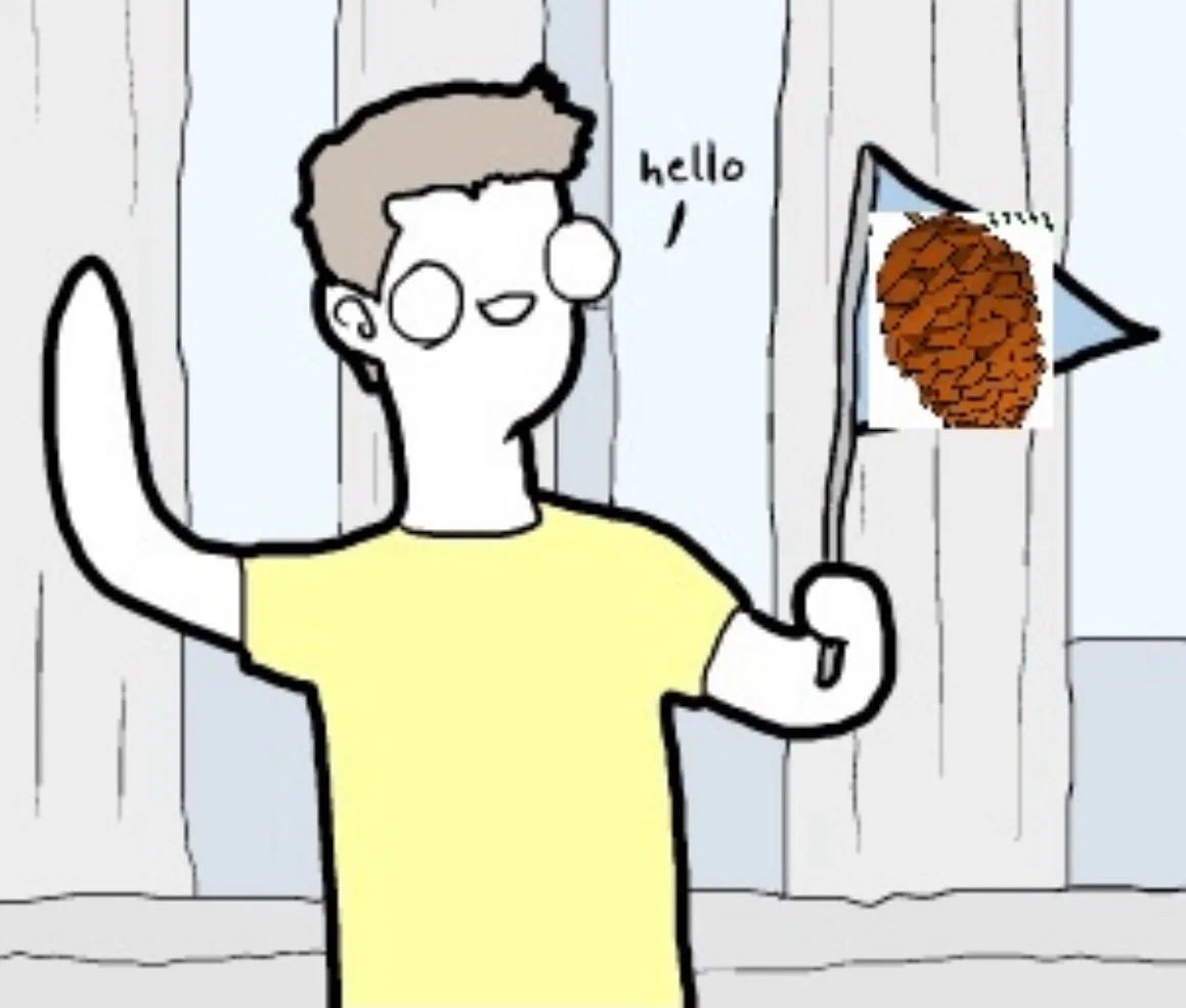 A cartoon man in a yellow shirt waves cheerfully while holding a door handle, with the word 'hello' above his head. Through…
