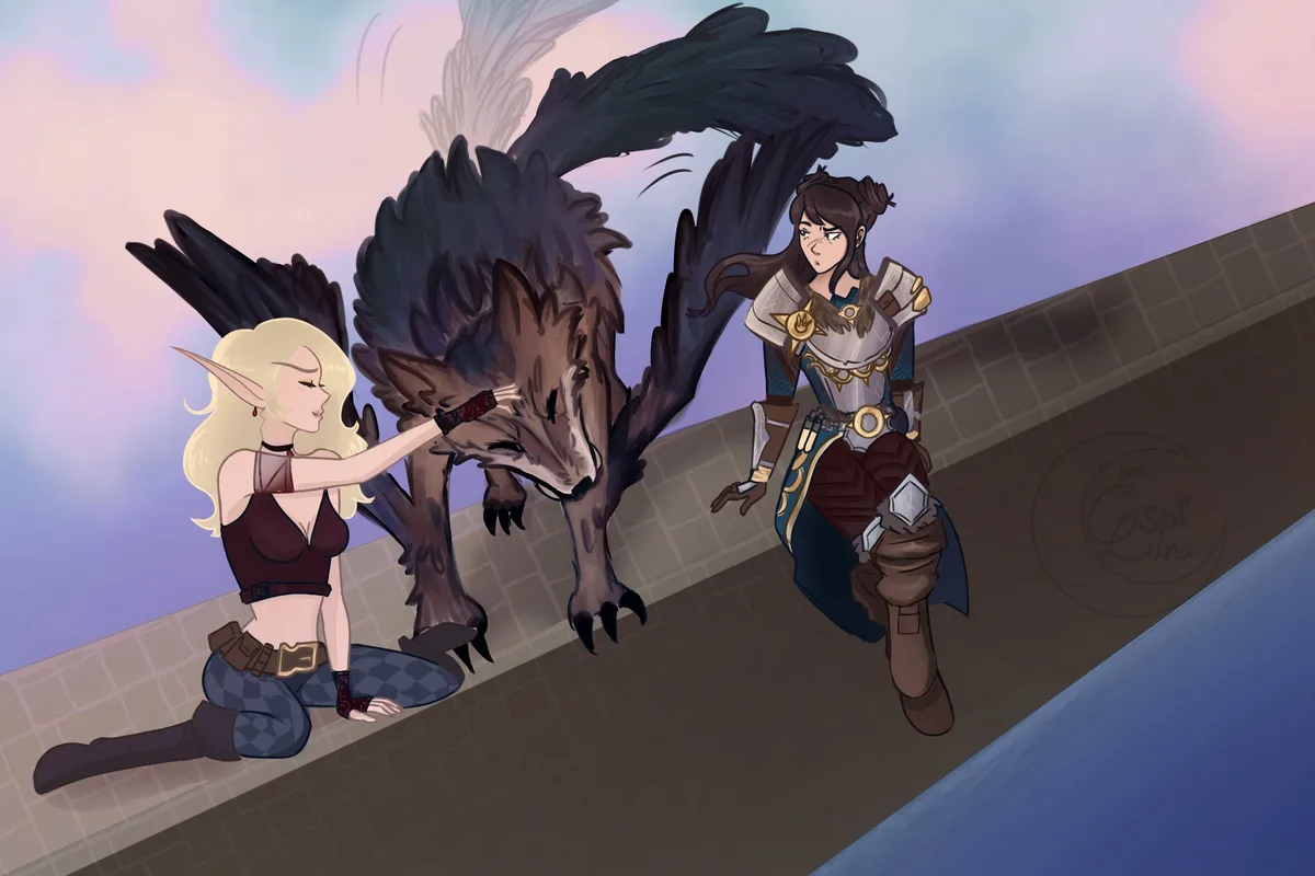 An anime-style illustration shows a blonde elf kneeling and petting a large, fluffy, black-winged wolf-like creature. To the…