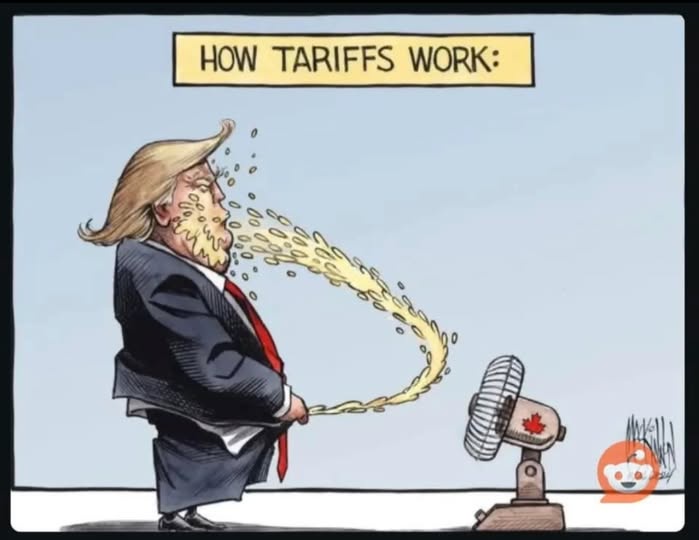 A cartoon depicts a caricature of Donald Trump spitting a stream of yellow liquid toward a small fan with a Canadian maple…