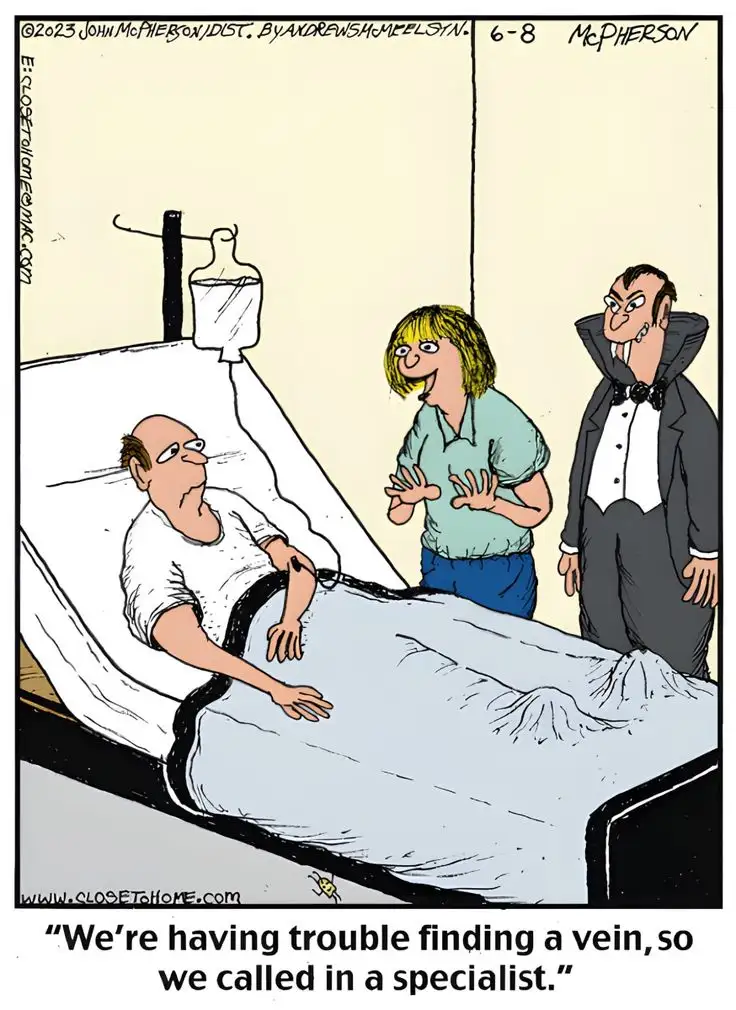 A cartoon depicts a man in a hospital bed with an IV drip, looking unwell. A woman in a green shirt stands beside him…