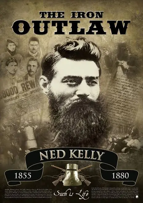 A vintage-style poster features a large portrait of Ned Kelly, a historical Australian outlaw, with the title 'THE IRON…