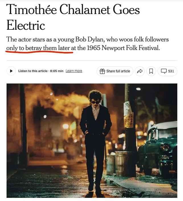 A screenshot of a news article about Timothée Chalamet starring as young Bob Dylan in a film. The article's headline and a…