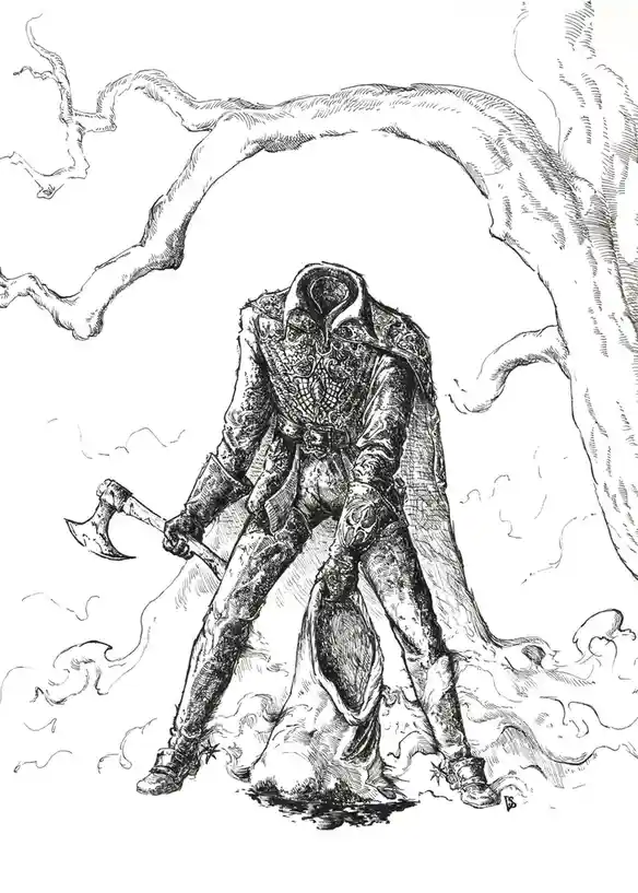 A black-and-white ink drawing depicts a heavily armored, hooded figure standing in a dramatic pose, holding an axe. The…