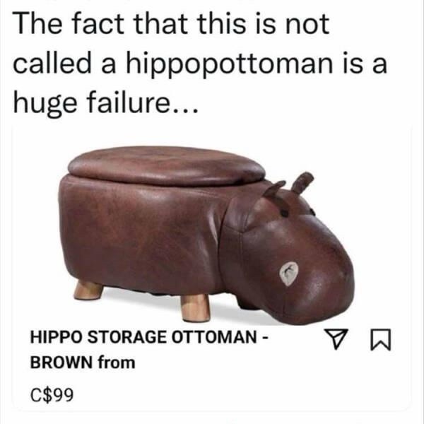 A brown leather hippo-shaped storage ottoman with small wooden legs and a rounded top, shown against a white background with…