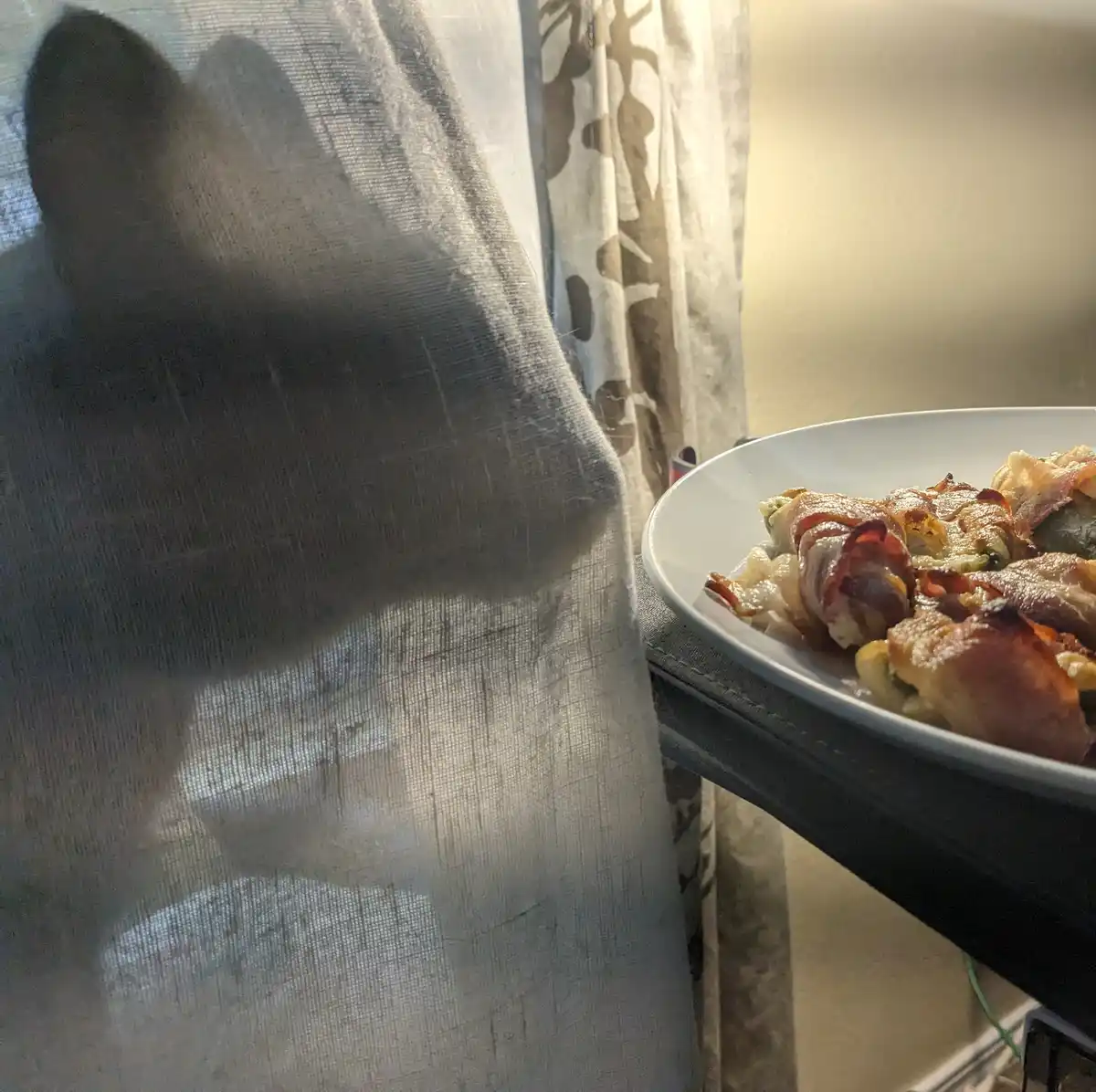 A plate of bacon-wrapped food sits on a dark surface next to a sheer curtain, with the shadow of a person's head and…