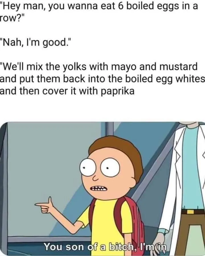The image shows Rick and Morty's Morty with a shocked, wide-eyed expression, pointing accusingly at someone off-screen. He…