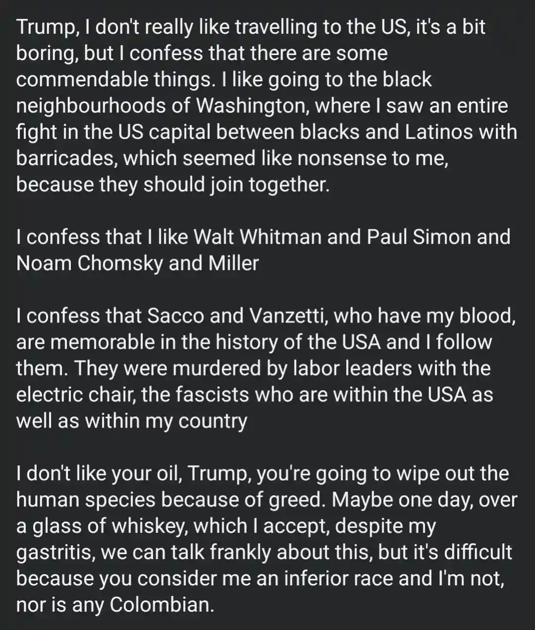 The image displays a block of white text on a dark background, presenting a satirical, fictional monologue attributed to…